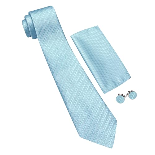 Image of Barry.Wang Solid Striped Tie for Men Silk Necktie Pocket Square Cufflinks Formal Wedding Party Business