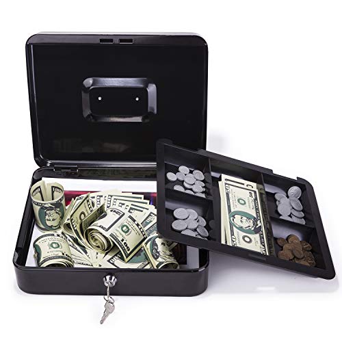 CK Wind Large Cash Box with Lock - Premium Steel Box with Money Tray and 2 Keys, Black