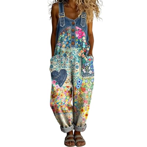 Latzhose für Damen Bunte Jeans Jumpsuit Sommer Overall Playsuit Oversized Arbeitslatzhose Gartenhose Denim Vintage Boho Patchwork Romper Lässige Hosen Große Größen Haremshose Festlich (03 M)
