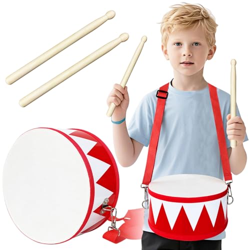 Kids Drum Set,8 in Wooden Toy Drum Set,Educational Baby Musical Toys Drum with Adjustable Strap 2 Drumsticks,Sensory Musical Instrument Drum Toy for Toddler Boys & Girls Gift(Red)
