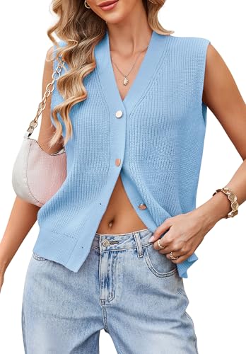 Image of Womens Button-Front Sweater Vest Top V Neck Sleeveless Knit Tank Fitted Halter Raceback Cardigan Vest