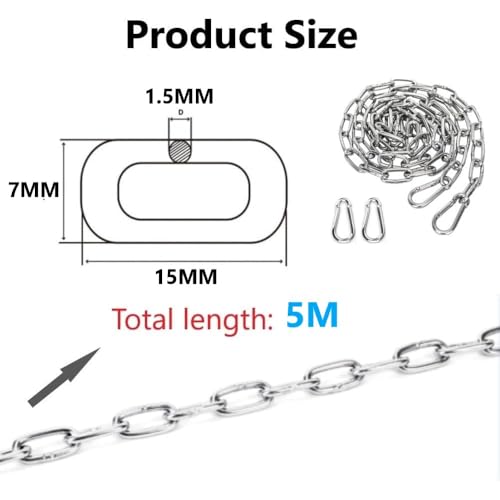 FTXanty Kette Edelstahl Stahlkette 1.5mm 5m Kettenglieder Klein Edelstahl Ketten + 2 pcs Karabiner Gliederkette Verlängerungskette für Aufhängen Ankerkette Möbel DIY