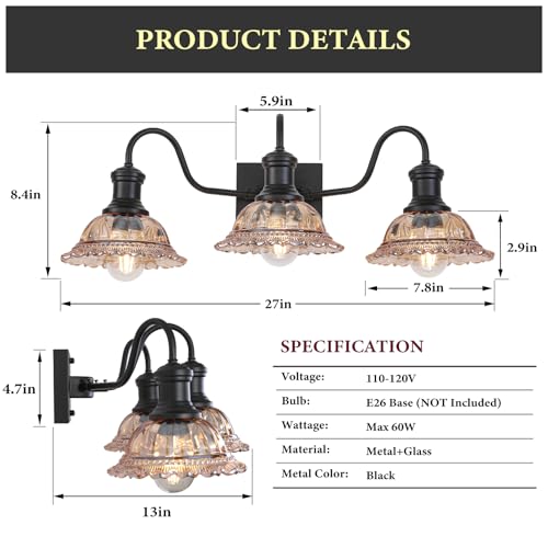 Image of Farmhouse Vanity Lights 3-Light, Black Bathroom Light Fixtures with Amber Glass Shade, Vintage Vanity Lights Over Mirror, Farmhouse Wall Sconce for Bathroom, Vanity Table, Foyer
