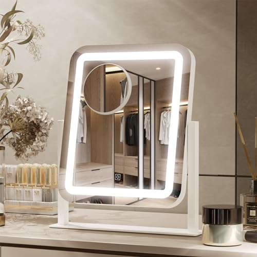 LED Vanity Mirror with Touch Screen, 3-Color Lighting, 5X Magnification - Large 16x14 Hollywood Style for Makeup - White Makeup Mirror for Bedroom Vanity Desk