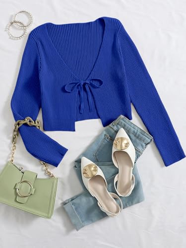 Image of Floerns Women's Tie Front Long Sleeve Rib Knit Shrug Sweaters Cardigan Crop Top