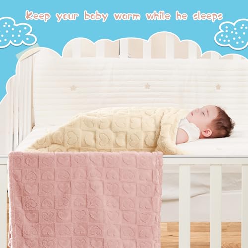 Yagle Mate 4 Pcs Baby Blankets,Fleece Heart Checkered Blanket, Cozy and Fluffy Crib Blankets for Girls, Toddler Receiving Blankets 30×40 Light Pink Sakura Pink White Grey
