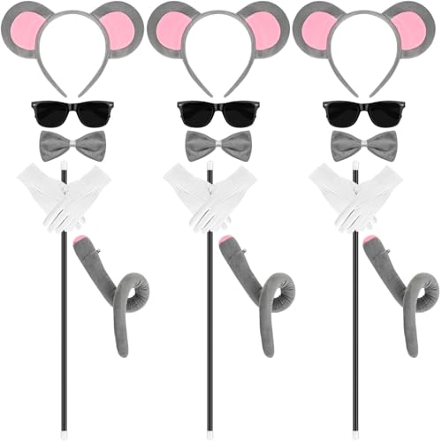 Matiniy 15 Pcs Halloween Mouse Costume Set Include Mouse Ears Headbands TailGloves Glasses and Folding Canes for Men Women Party Dress Up?Grey?