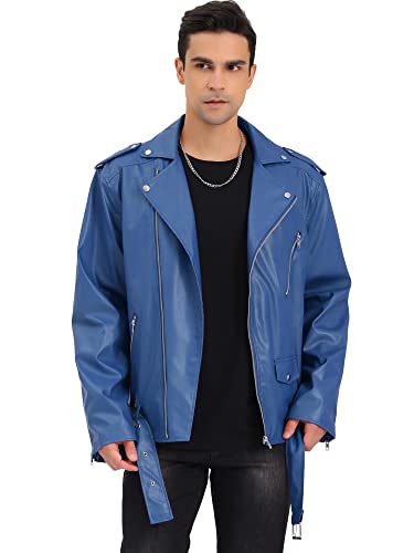 Lars Amadeus Men's Blue Pu Faux Leather Jacket Belt Punk Motorcycle Zip Slim Fit Biker Jackets Large #TOP26