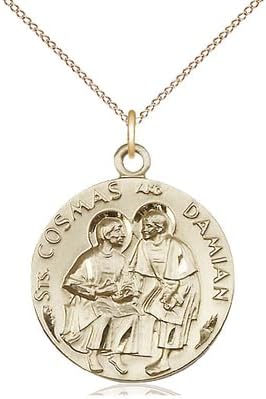 14kt Gold Filled Sts Cosmas & Damian Pendant on a 18 inch Gold Filled Light Curb Chain.