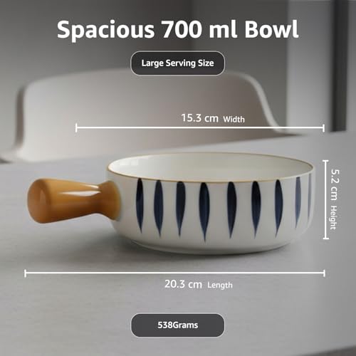 Image of Amazon Basics Ceramic Snack Bowl with Handle | White & Blue Serving Bowl with Yellow Handle | Microwave & Dishwasher Safe Big Bowl Perfect for Snacks, Noodles, Salads, Soup, Baking (700ml)