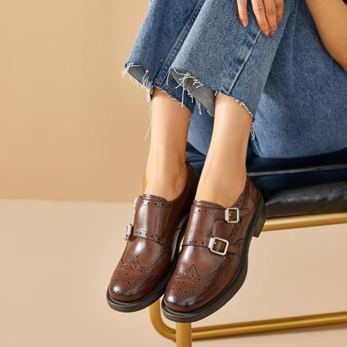 Image of BEAU TODAY Women Monk Strap Loafers Cap Toe Business Causal Loafer Shoes