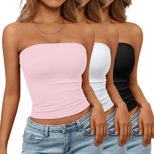 Trendy Queen Womens 3 Pack Strapless Backless Tube Tops Sleeveless