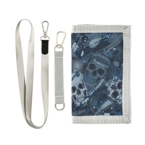 JHKKU Blue Camo Skull Trifold Wallets for Kids Boys Girls, Outdoor Sports Wallet for Teen, with Zipper Coin Pocket Novelty Purse