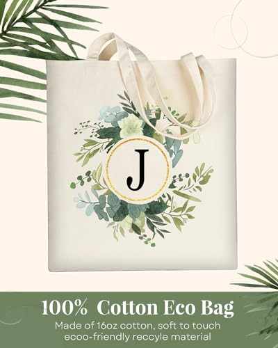 Image of AUSVKAI Canvas Tote Bag for Women, Cute Aesthetic Leaf Initial Trendy Cotton Reusable Personalized Birthday Bags
