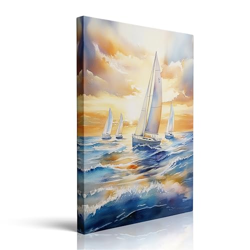 Sunset Sailboats Ocean Watercolor Canvas Wall Art Framed Painting Seascape Wall Decor Artwork Print Poster Calming Peaceful Blue Waves Golden Sky Coastal for Bathroom Living Room Bedroom 16x24 Inches