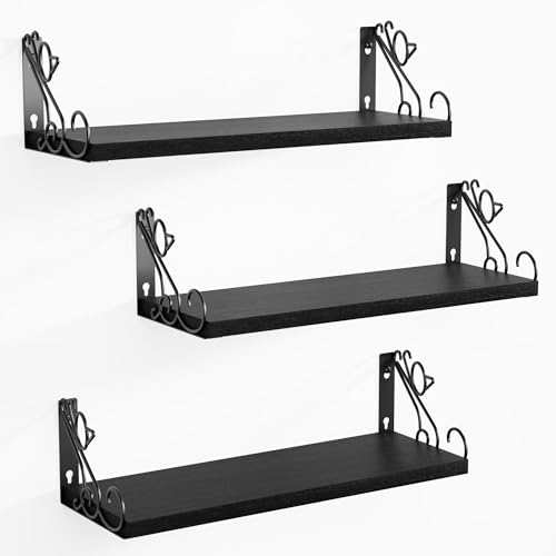 Alsonerbay Black Floating Shelves Wood, Cat Shaped Shelves Set of 3 Wooden Shelves for Wall 44x15x13 Book Shelf Wall Mounted Rustic Shelf for Kitchen, Bedroom, Living Room, Bathroom and Laundry