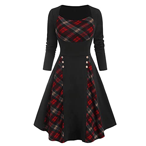 Kleider Damen Lang Winter Rockabilly Kleid Damen Elegant Kariert Damenkleider Langarm Retro Partykleid Frauen Quadratischer Kragen Herbstkleid...