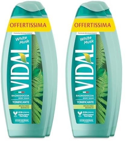 Vidal - Bagnoschiuma White Musk, Formula Tonificante, Fragranza Muschio Bianco, Dermatologicamente Testato, 2 Flaconi da 600ml (Confezione da 2)