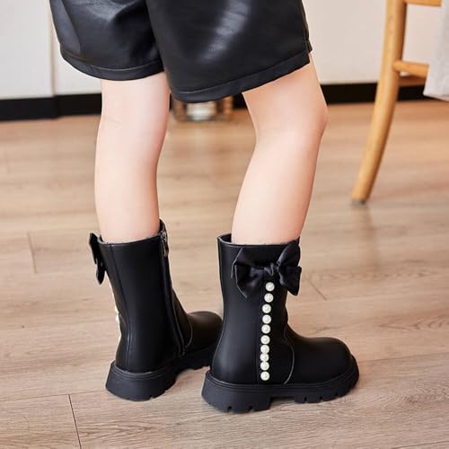 Little Girls Fashion Fall Winter Mid-Calf Leather Boots Waterproof Bowknot Pearls Side Zipper Princess Dress Booties Girls Riding Cowboy Boots3