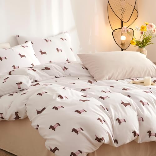 Freyamy Dackel Bettwäsche 135x200cm Mädchen Weiß Rosa Braun Dackelmuster Bettwäsche-Sets Wende Microfaser Kinderbettwäsche ÖKO-TEX Deckenbezug 1 Bettbezug mit Reißverschluss und 1 Kissenbezug 80x80cm