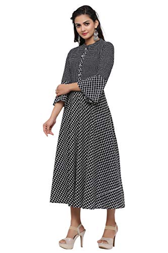 Image of JAPER KURTI Women'S Black & White Fit and Flare Anarkali Kurta with Geometric Print | Bell Sleeves & Mandarin Collar | Ethnic & Casual Wear