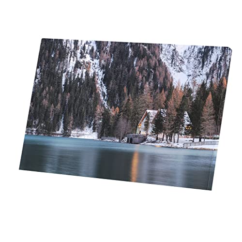 Tableau chalet en bois bord du lac en hiver affiche decoration murale salon 45x30cm