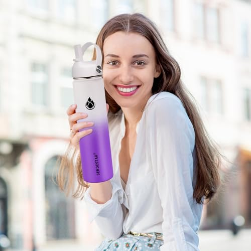 Image of SENDESTAR Water Bottle 32oz Double Wall Vacuum Insulated Leak Proof Stainless Steel Sports Water Bottle-Wide Mouth with New Flex Straw Lid & Spout Lid (White&Voilet)