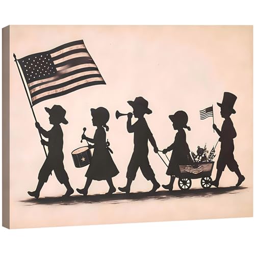 Image of RIBNTAK Vintage Kids Patriotic Parade Wall Art for Kids Room, American Flag Silhouette Poster for Home Office Decor, 4th of July Pictures Wall Decor, Unique Independence Day Canvas Prints