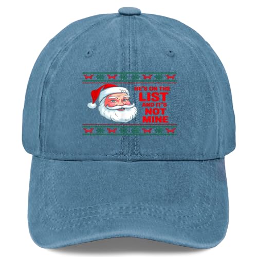 He's on The List not Mine Santa Funny Christmas Hat for Men Fashion Washed Cyan Blue