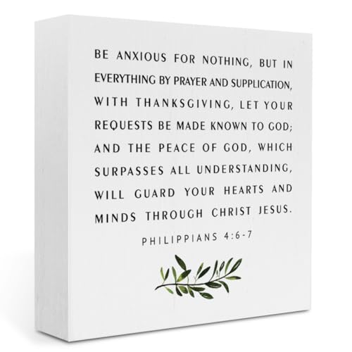 Christian Decor for Home, Philippians 4:6-7, Christian Decor,Be Anxious for Nothing Sign Inspirational Bible Verse Wooden Box Sign for Home Office Desk Tabletop Shelf