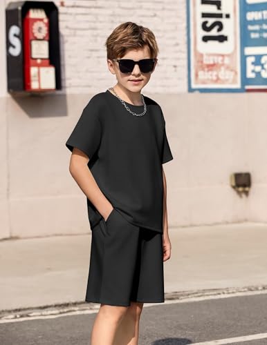 Image of Arshiner Boys Drop Shoulder T-Shirt & Drawstring Waist Shorts Summer Casual Outfits (5-12 Years)