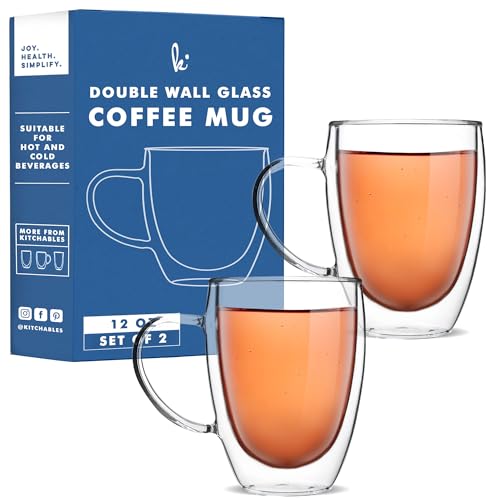 Kitchables Double Walled Glass Coffee Mugs Set of 2, 12oz - Insulated Glass Coffee Mugs for Cappuccino, Latte, Tea, Espresso - Latte Cup - Tazas Para Cafe