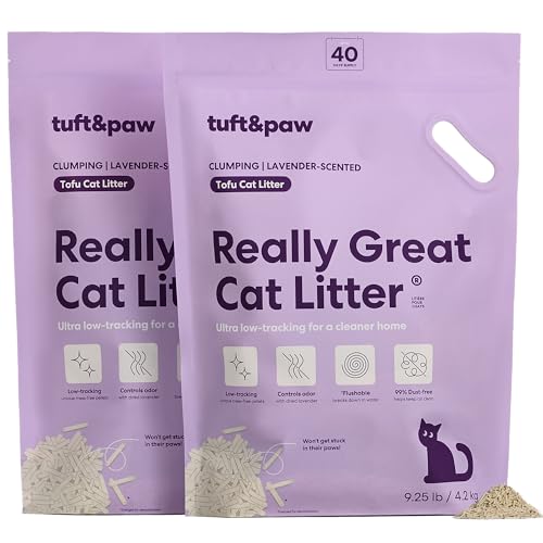 Tuft & Paw Really Great Cat Litter Low Tracking Tofu Cat Litter Clumping Flushable Odor Control Dust-Free - 9.25lbs x 2Bags (Lavender Scented)