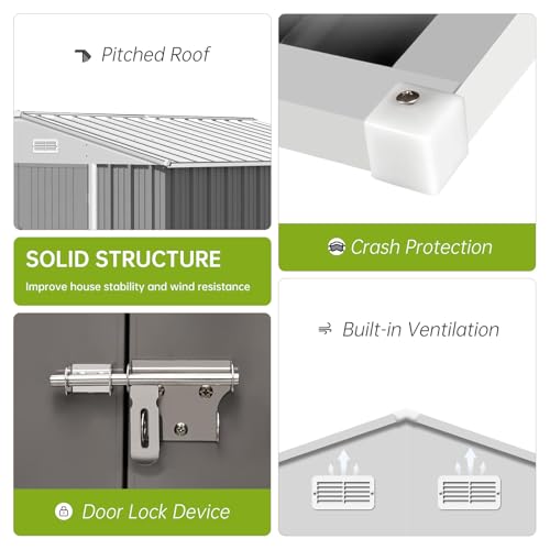 Zstar 10 x 8 FT Outdoor Storage Shed, Waterproof Garden Steel with Updated Frame Structure & Lockable Double Door, Metal Vertical Outside Storage Building for Backyard, Garden, Patio, Grey