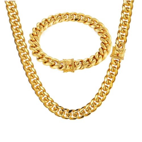 putouzip Miami Cuban Link Chain Set For Men 18K Gold Plated Stainless Steel 8mm Bracelet Necklace Diamond Chains