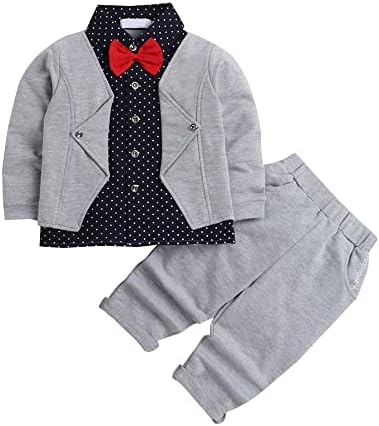 Hopscotch Boys Gray Polka Dot Print Shirt and Pants Set with Bow