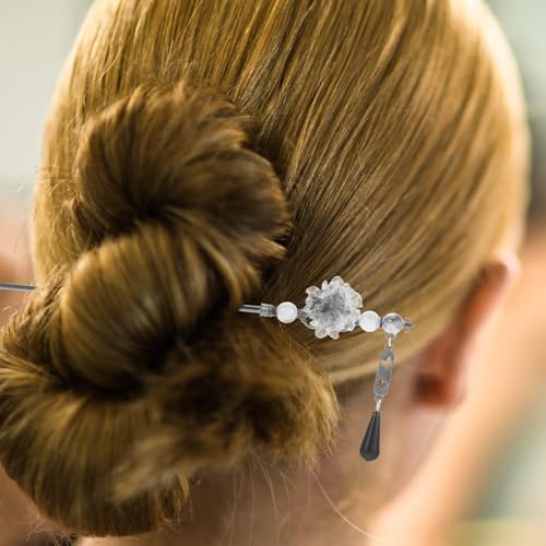Healeved Chinese Hair Stick with Pendant Retro Ink Flower Hairpin for Women Traditional Hair Bun Accessory Elegant Chopsticks for Party Cosplay - Image 2