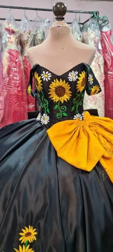 2025 Modern Sunflower Embroidered Ball Gown Prom Formal Dresses Quinceanera Off Shoulder Satin Sweet 16 Long Dress2