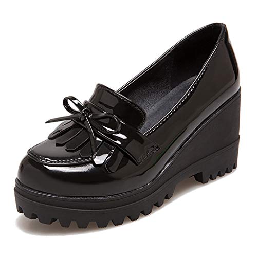 MIOKE Women's Platform Wedge Tassel Oxford Shoes Slip On Comfort Chunky High Heel Fringed Pump Dress Shoes