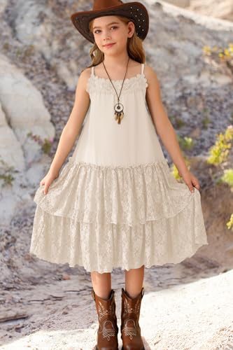 MITILLY Girls Boho Lace Backless Square Neck Sleeveless A Line Ruffle Tiered Flowy Long Party Dress4