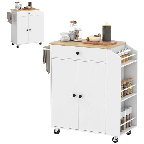 HOMCOM Kücheninsel Küchenwagen auf Rollen mit Arbeitsplatte, Küchenschrank mit Schublade, Gewürzregal, Ablage, Handtuchhalter, Servierwagen Rollwagen für Küche und Esszimmer 82 x 38 x 86,5 cm Weiß