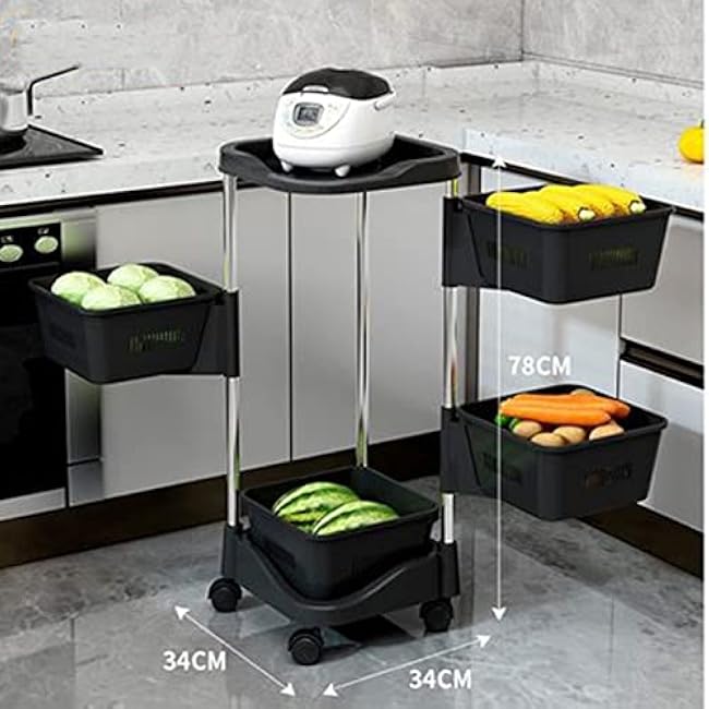 Square Rotating Vegetable Rack with Wheels Storage Rack Trolley ng Carbon Steel Organizer Rack Strong and Sturdy for Kitchen Pantry