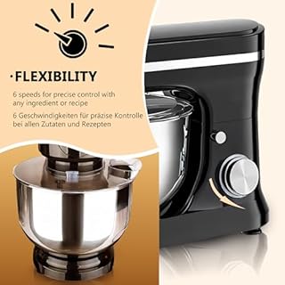 Retoo Küchenmaschine 3 in 1 mit Edelstahl-Schüssel 6 L 2000 W, 6 Stufen, Planetenrührwerk, Schneebesen Rühr- & Knethaken, Spritzschutz, Rührmaschine mit Mixer, Knetmaschine, Teigmaschine, Geräuscharm