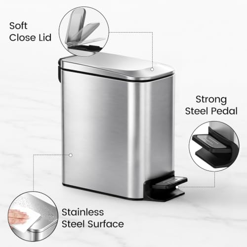 Image of TIPGO Small Bathroom Trash Can with Lid, 1.6 Gal, Soft Close, Silver