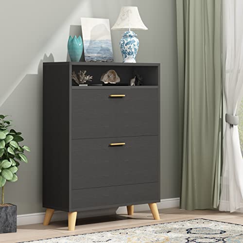 Gyfimoie Shoe Storage Cabinets, 16 Pairs Free Standing Shoe Organizer With 2 Flip Drawers For Entryway, Narrow 3 Tier Entryway Hidden Shoe Rack With Doors (Dark Black) #TOP3