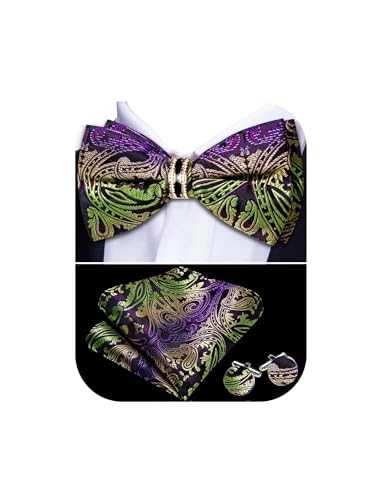 YOHOWA Mardi Gras Bow Ties for Men Pre-tied Purple Green Bow Tie Adjustable with Gold Ring Handkerchief Cufflinks Holiday Prom Party