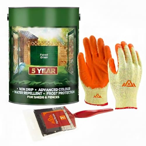PERFECTONISH 5-Litres Shed and Fence Paint Exterior Wood | Non-Drip, Frost Defence and Water Repellent Protection for 5 Years With Paint Brush And Protective Gloves (Forest Green)