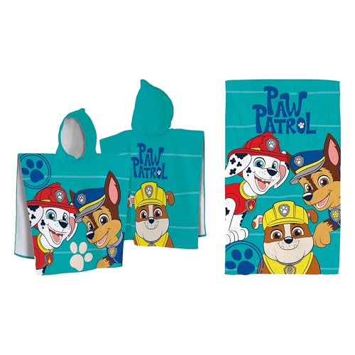 OMYDREAM Pat Patrouille Summer Ensemble Cape de Bain et Drap de Plage | 100% Coton | Oeko-TEX | 60x120cm + 70x120cm | Imprimé Garçon | Bleu