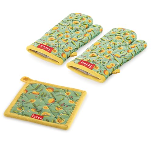 Image of HAZEL Cotton Oven Glove (1 Pair) and Pot Holder Set for Kitchen | Durable and Safe Cooking and Baking