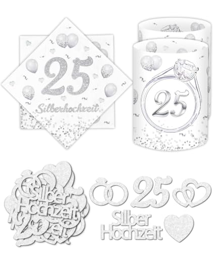 20 Stück Servietten Silberhochzeit + 10 Windlicht Tischdeko +18 Glitzer Konfetti, 25. Hochzeitstag...